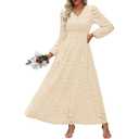 Women's Fall Long Puff Sleeve Floral Maxi Dress V Neck Lace Eyelet Hollow Out A Line Flowy Wedding Guest Dresses Pocket (US, Alpha, Medium, Regular, Regular, Apricot)
