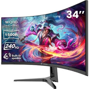 CRUA 34" WQHD 240Hz Ultrawide Curved Gaming Monitor, 1500R, FreeSync, Black | 3440x1440 VA Screen With 120%sRGB, Built-In Speakers, HDMI 2.1/DP 1.4 and 75x75mm Wall Mount For Gaming, Streaming and Work