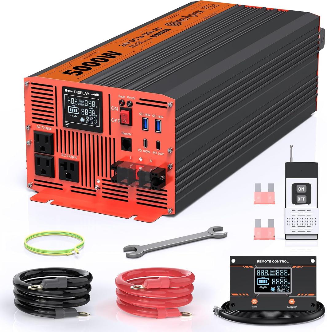 5000W Pure Sine Wave Inverter, Car Power Inverter 24V to 120V with Dual AC and 20A Socket, 18W+18W USB, 100W+30W Type-C, Surge 10000W, Remote Controller