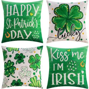 St. Patrick's Day Pillow Covers Decoration 18 x 18 inches 4-Piece Set Green Pillow Covers Lucky Clover Spring Pillow Covers Sofa Home