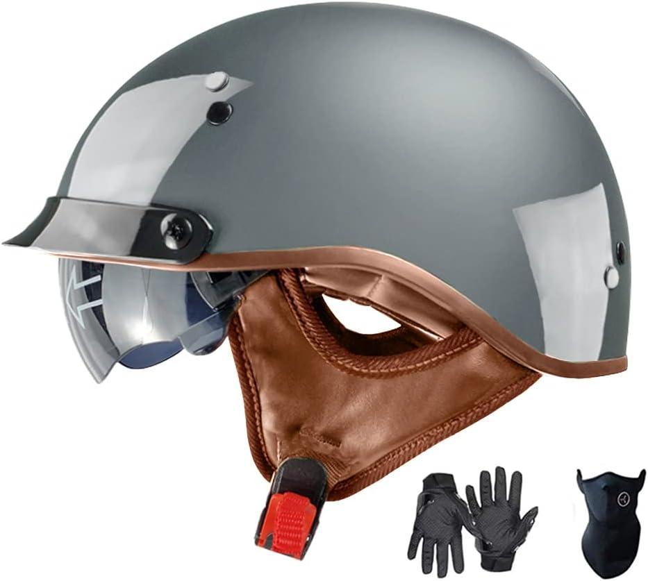 Motorcycle Half Helmet with Retractable Inner Sun Shade Quick Release Buckle DOT Approved Half Face Cycling Helmets for Men Women Adult (Large, Gray)