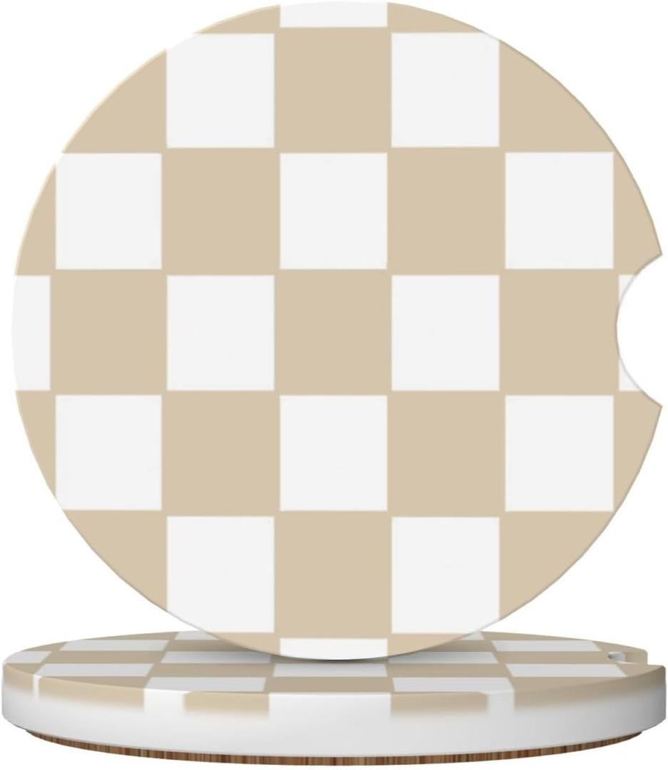 Brown White Checkered Car Cup Coaster 2 Pack Ceramic Absorbent Car Coasters 2.56 Inch Non-Slip Car Cup Holder Interior Car Accessories for Women Girls Cup Mats with Cork Base and Finger Notch