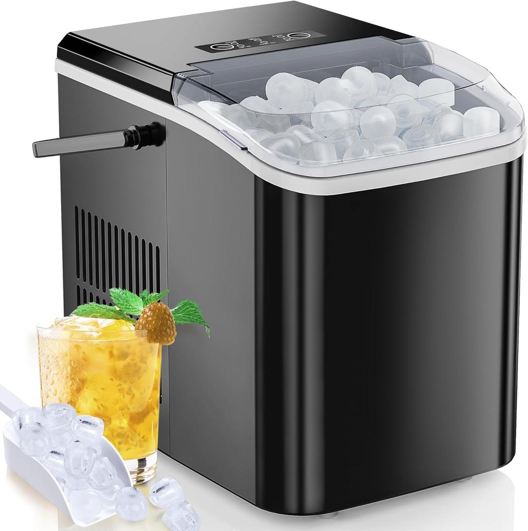 Countertop Ice Maker, 9 Cubes in 6 Mins, 26lbs in 24Hrs, 2 Sizes of Bullet Ice, Auto-Cleaning, Portable Ice Machine with Handle, Basket and Scoop for Home Kitchen, Party and Camping (Black)