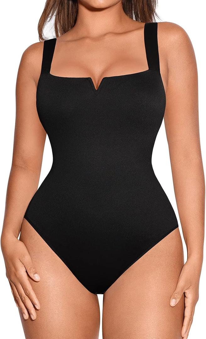 FeelinGirl Square Neck Shapewear Bodysuit for Women Sleeveless Tummy Control Slimming Bodysuit Going Out Tank Tops, Large