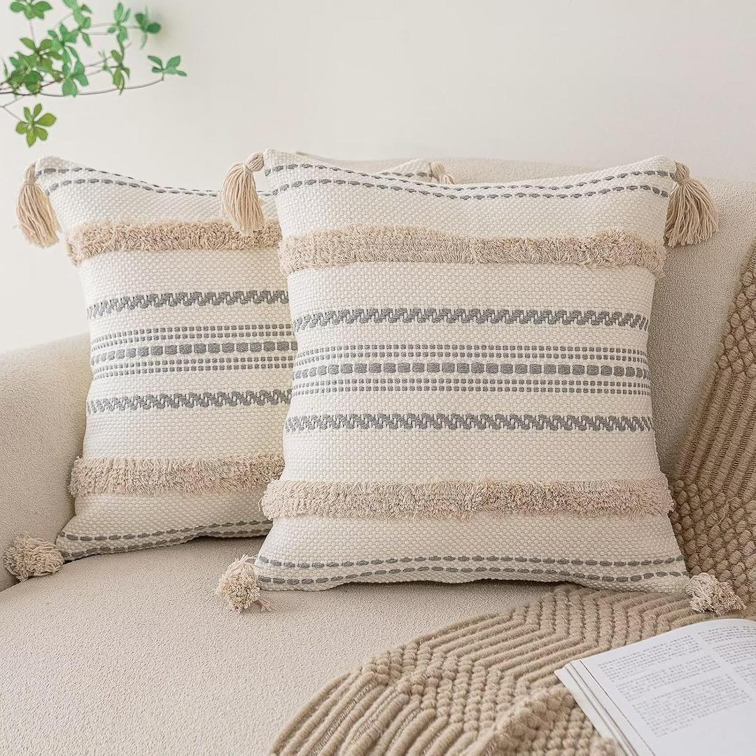 Boho Throw Pillow Covers 18x18 Set of 2 Woven Tufted Farmhouse Pillows Cover with Tassels Textured Striped Cushion Case Neutral Pillow Cases Decorative Pillowcase for Sofa, Couch, Bed, Khaki