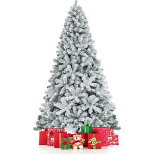 7.5 FT Snow Flocked Christmas Tree, Artificial Holiday Hinged Pine Tree with 1010 Branch Tips, Solid Metal Stand, Premium Xmas Full Fake Tree for Home, Office, Party Decoration