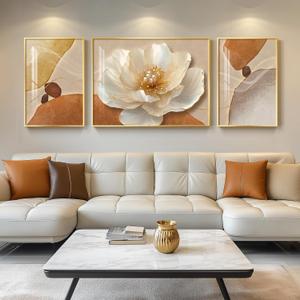 Extra Large Framed Modern Elegant Gold Floral Wall Art for Living Room, 3 Piece Bright Style Art Prints Paintings Artwork for Walls, Gold Frame Luxury Pictures for Hallway Stair Office Wall Decor