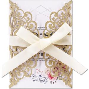 50Pcs Laser Cut Wedding Invitation With Glitter Envelopes And Ribbons Blank Personalized Card Invitaciones Para quinceaera Birthday Baby Shower Christmas Party Bridal Shower (Gold)