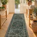 Dark Green 2x6 Washable Runner Rug Non Slip - Kitchen Hallway Runner 6ft - Floral Soft Thin Rug Non Skid for Bathroom Entryway, Vintage Low Pile Stain Resistant Floor Carpet