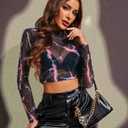 Avidlove Mesh Top Mesh Crop Top for Women Y2K Long Sleeve Mock Neck Top S-XXL (Black, S)