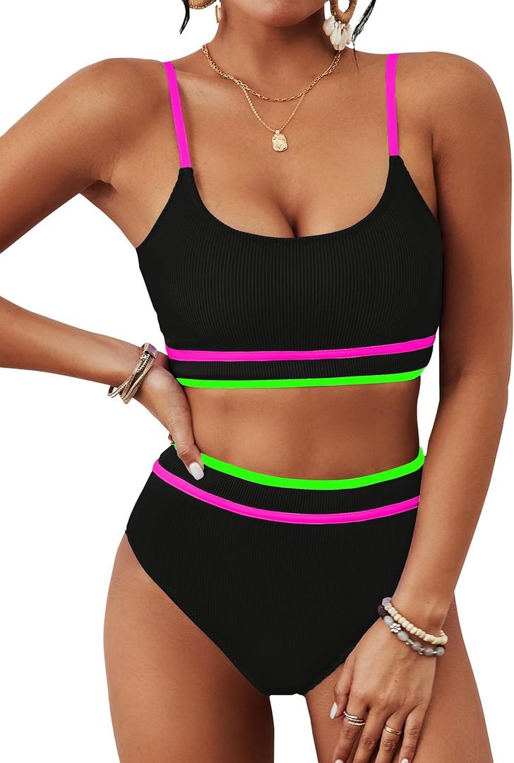 BMJL Women's High Waisted Bikini Ribbed Two Piece Swimsuit High Cut Color Block Adjustable Straps Bathing Suit (Rainbow Black043) Small