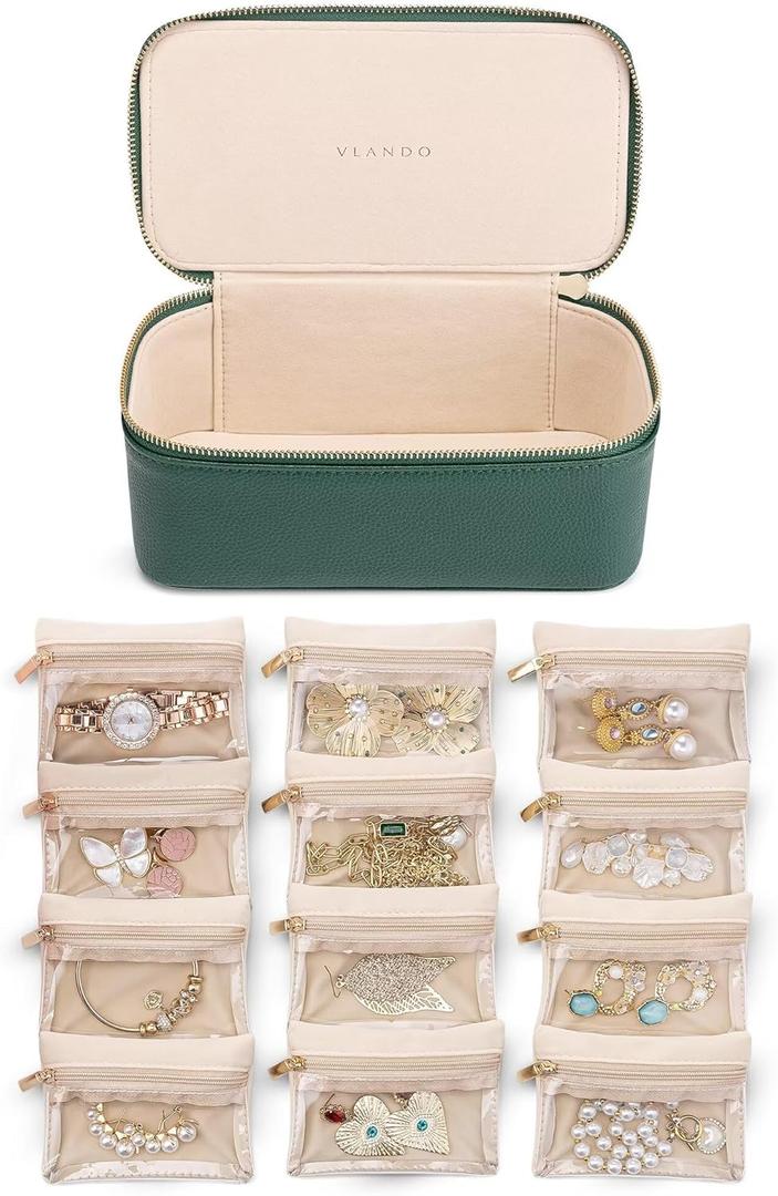 VLANDO Jewelry Travel Case,Travel Jewelry Organizer with Clear Velvet Jewelry Bags 12Pcs Zipper Pouch for Women Girl Gift-Green