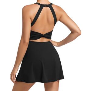Womens Workout Tennis Dress with Built in Shorts and Bra Athletic Golf Activewear for Exercise (XX-Large, Black)