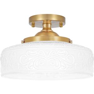 Gold Semi Flush Mount Ceiling Light with Hand-Carved Design - 12 Inch Vintage White Glass Shade with Etched Patterns, Easy Install 3-Light Fixture for Hallway, Kitchen, Bedroom