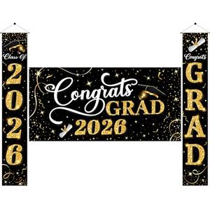 3 Pcs Graduation Decorations Class of 2026 | Hanging Porch Supplies for College Graduation Indoor/Outdoor Decor | Large Graduaiton Set: Gold & Black Congrats Grad Party Backdrop and Banner