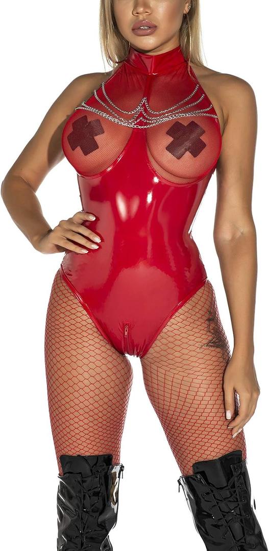 FEOYA Womens Catsuit Patent Leather Bodysuit Zipper Crotch Shinny Teddy One Piece Metallic Unitard Leotard  (Small, Red)