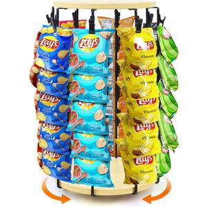 Chip Rack Display Stand, 5 Tier 40 Clips Snack Organizer with Rotating Wooden Base, Chip Holder Stand Candy Display for Countertop, Concession Stand, Party, Retail, Office Snack Display Rack