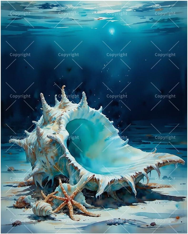 Ocean Life Paint by Numbers Kit for Adults - DIY Sea Shell and Starfish Painting on Canvas, Acrylic Paint Set, Suitable for Beginners, Marine Art for Home Decoration or Gifts(8X12IN Framed)