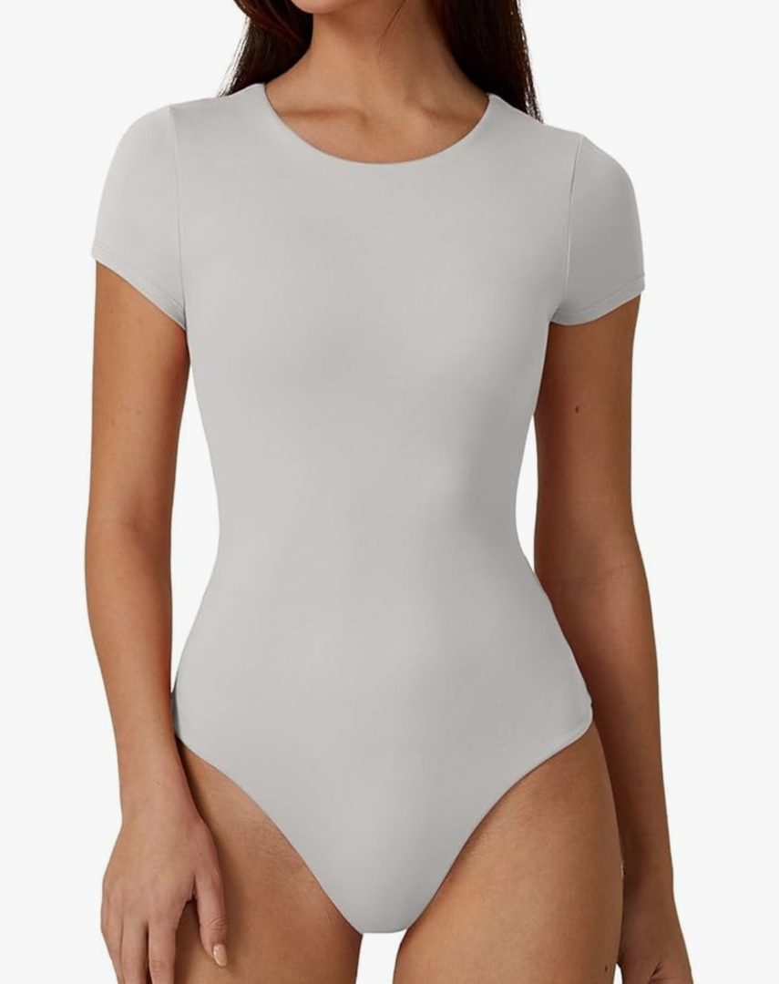 QINSEN Women's Crew Neck Short Sleeve Bodysuit Double Lined Body Suits Basic T-shirt Tops , Size S