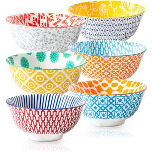 Ceramic Soup Bowls Set - 24 Oz Deep Cereal Bowl - 6 Inch Large Kitchen Dinner Bowl Eating Pasta Salad Dessert Noodle Rice Oatmeal - Microwave Dishwasher Safe - Set of 6 - Assorted Colors