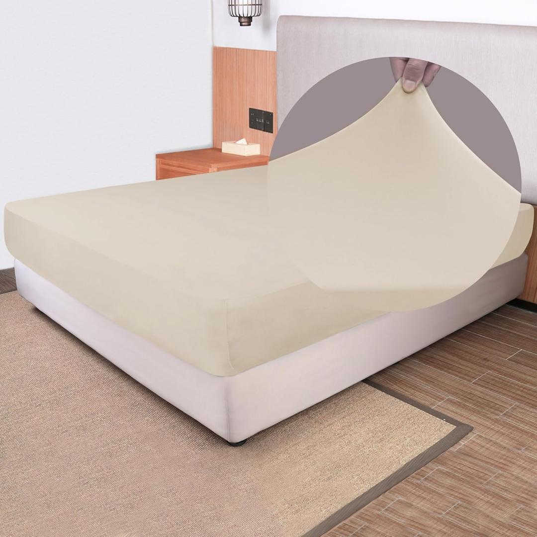 Soft Stretch Queen Size Fitted Sheet Only - Jersey Knit & Cozy T-Shirt Like, 4-Way Stretchy Snug Fit & Wrinkle Free, No More Slipping Mattress Sheets - Creamy Beige, Queen