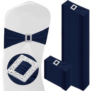 VitalCozy 100 Pcs Spandex Chair Sashes with Square Buckle Slider Stretch Chair Cover Band Universal Elastic Ties Straps Bows for Wedding Banquet Event Party Decoration(Navy Blue)