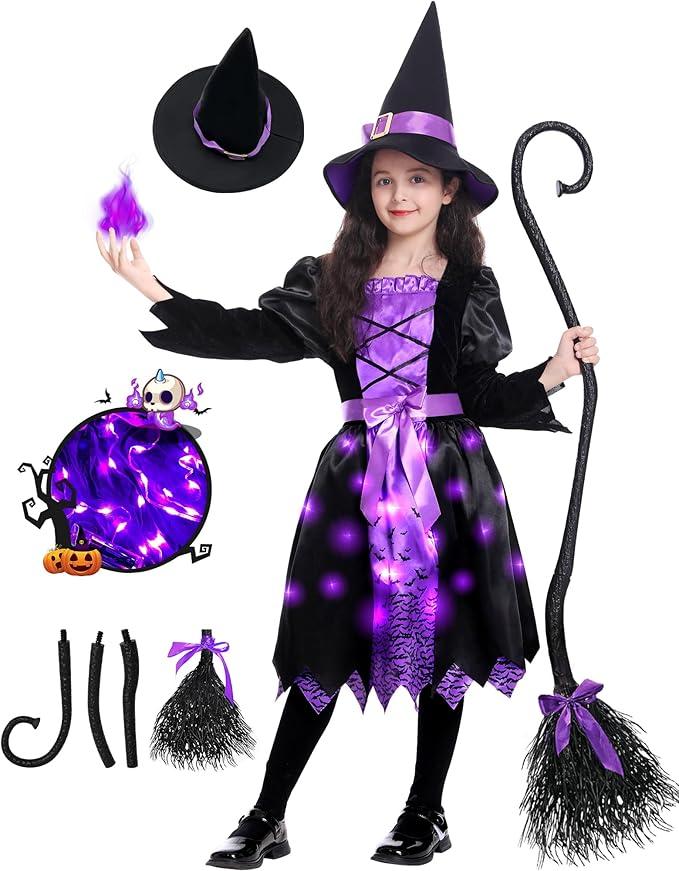Light Up Halloween Girls Witch Costume, Toddler Witch Dress Set with Hat and Broom, Kids Costumes for Halloween Party