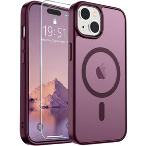 SUPFINE Magnetic for iPhone 15 Case (Compatible with MagSafe) (Military Grade Drop Protection) Slim Translucent Matte Shockproof with Anti-Fingerprint Phone Case, Wine Red