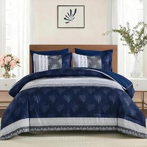 DJY Boho Comforter Set King Size, Navy Blue Striped Bed in a Bag 7 Pieces Comforter with Sheet Set, Soft Microfiber Reversible Bedding Set for All Season(104''x90'')