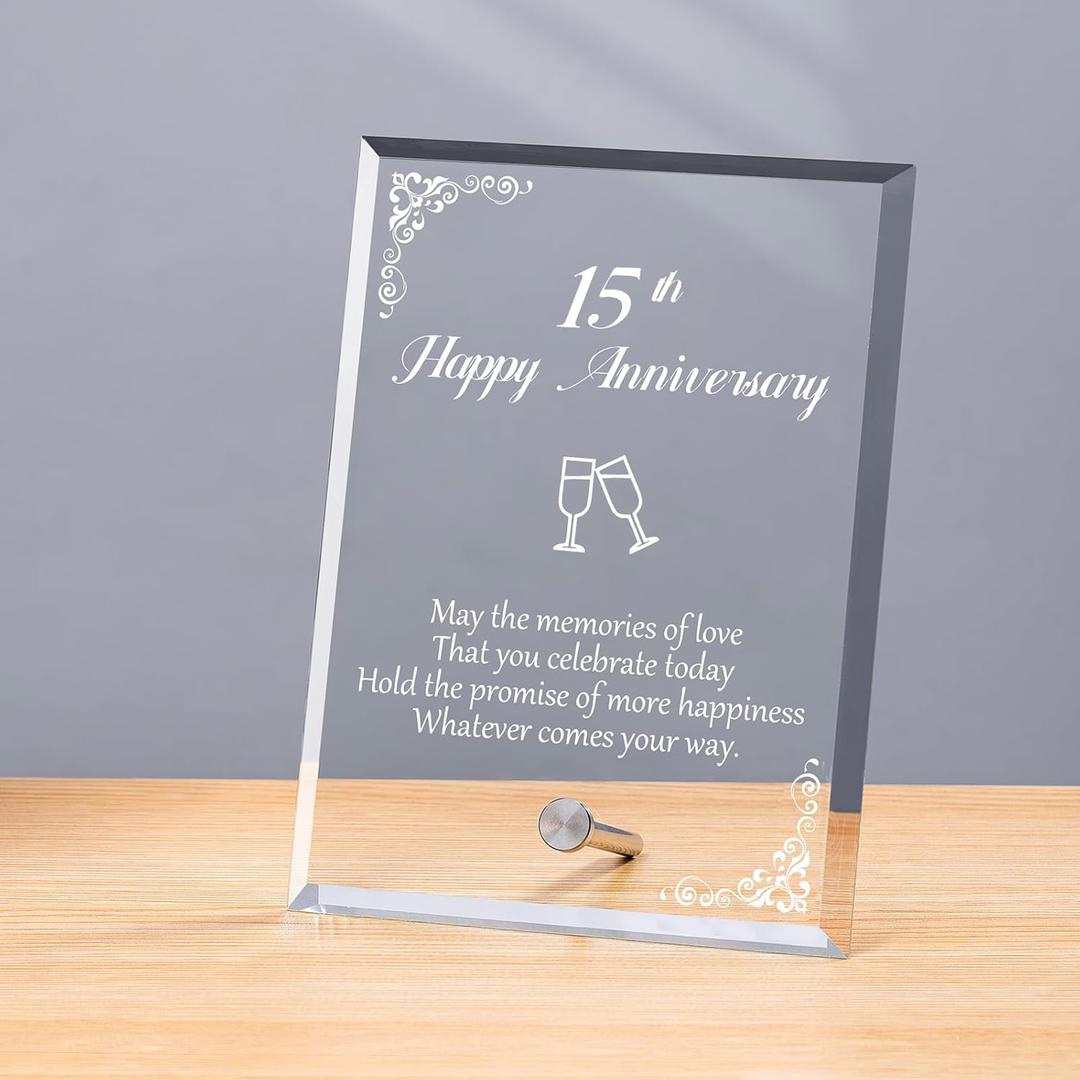15th Anniversary Wedding Gifts for Men Women, Laser Engraved Crystal Plaque for Couples Husband Wife Him Her, 15 Year Happy Marriage Keepsake Decor for Parents Grandma Grandpa Friends