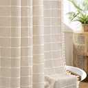NDDYCU Beige Shower Curtain Linen Texture Farmhouse with Embroidered Plaid Pattern and Boho Tassels for Bathroom, 72" W×72" L
