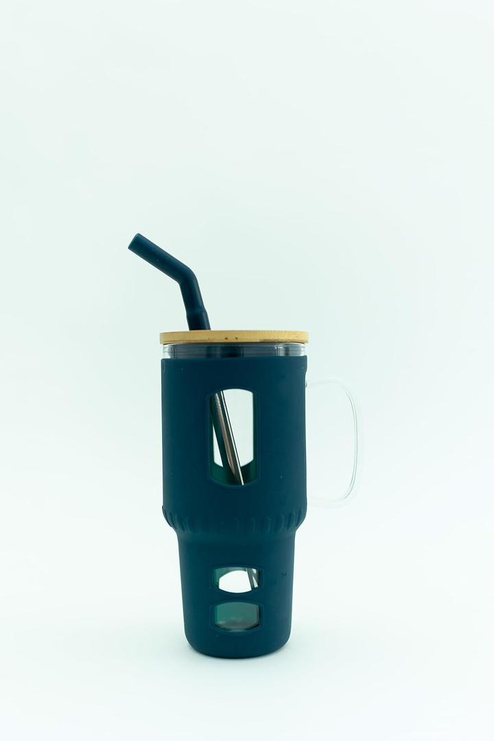 Glass Tumbler with Silicone Sleeve and Bamboo Lid, 32 oz, with Straw (Dark Blue)