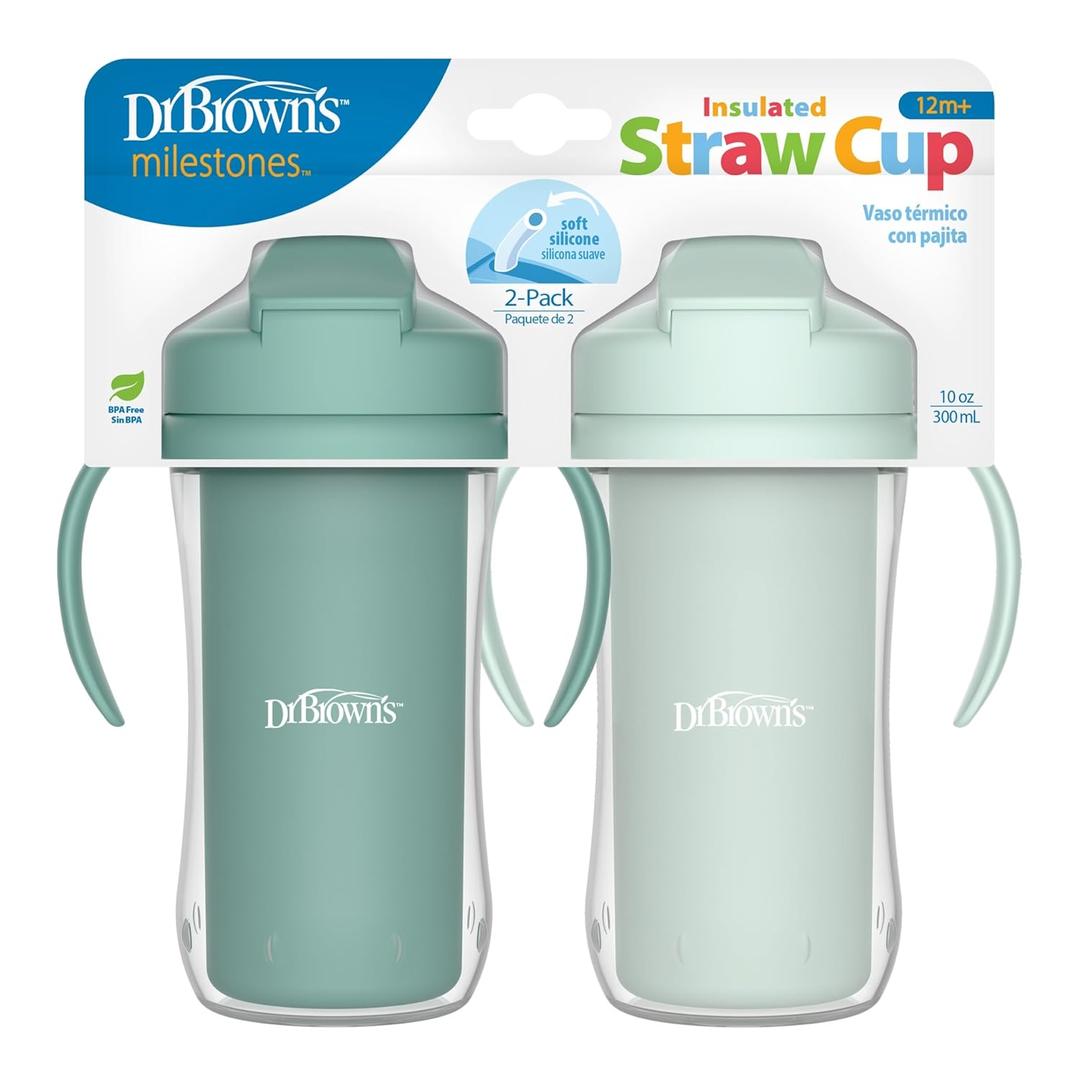 Dr. Brown's Milestones Insulated Sippy Cup with Straw and Handles, SpillProof Tumbler with Lid, 2Pack, Green, 10 oz/300 mL, BPA Free, 12m+