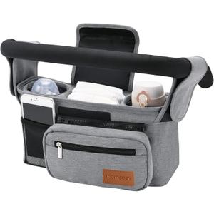 Momcozy Universal Stroller Organizer with Insulated Cup Holder Detachable Phone Bag & Shoulder Strap, Fits for Stroller Like Uppababy, Baby Jogger, Britax, BOB, Umbrella and Pet Stroller (Grey)