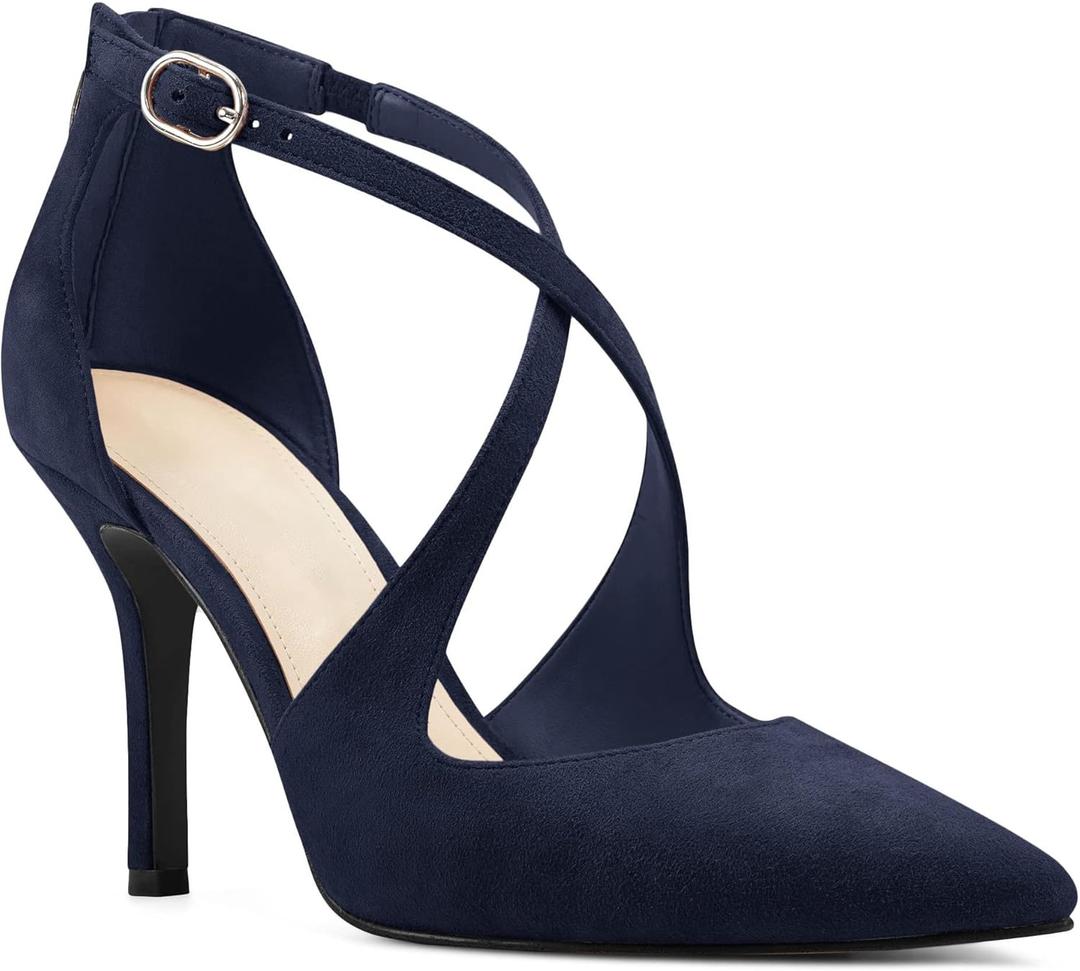 Minshluu Women's Pumps High Heels Pointed Toe Crossed Strap D'Orsay Zip up Stilettos Party Dress Shoes (5.5, Navy Blue)
