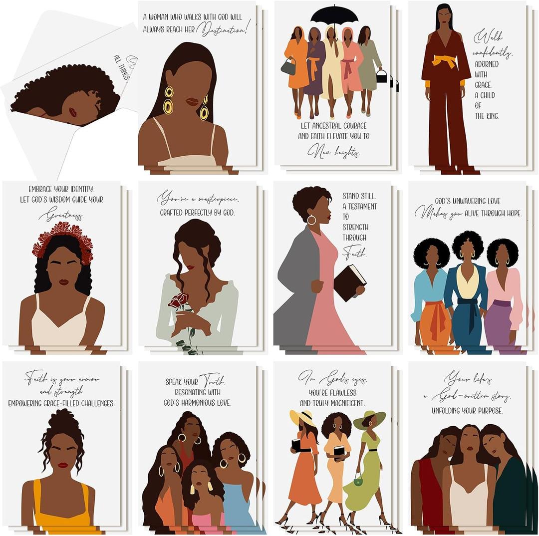 Cholemy 36 Set African American Christian Cards with Envelopes African Bible Verse Christmas Greeting Cards Religious Scripture Xmas Inspirational Quote Faith Church Holiday Gifts for Black Women