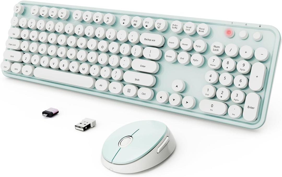 Wireless Keyboard and Mouse Combo, Ergonomic Full Size Typewriter Retro Round Keycaps Keyboard, Compatible with Windows, PC, Perfer for Home and Office KeyboardsGreen