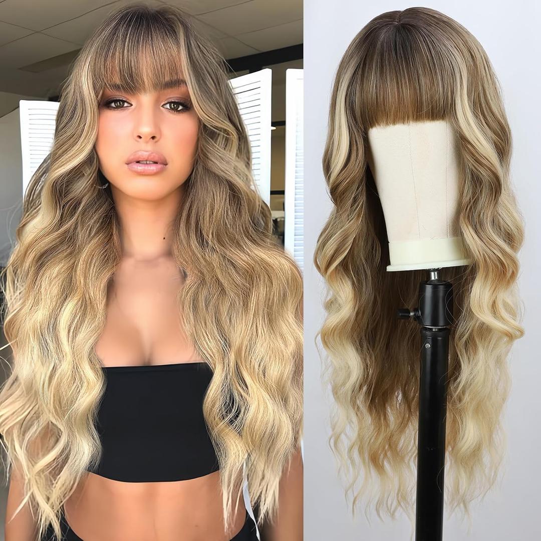 BOGSEA Ombre Blonde Wig with Bangs Long Blonde Wig for Women 26 Inch Synthetic Heat Resistant Fiber Wigs for Daily Party (10/613-Blonde)