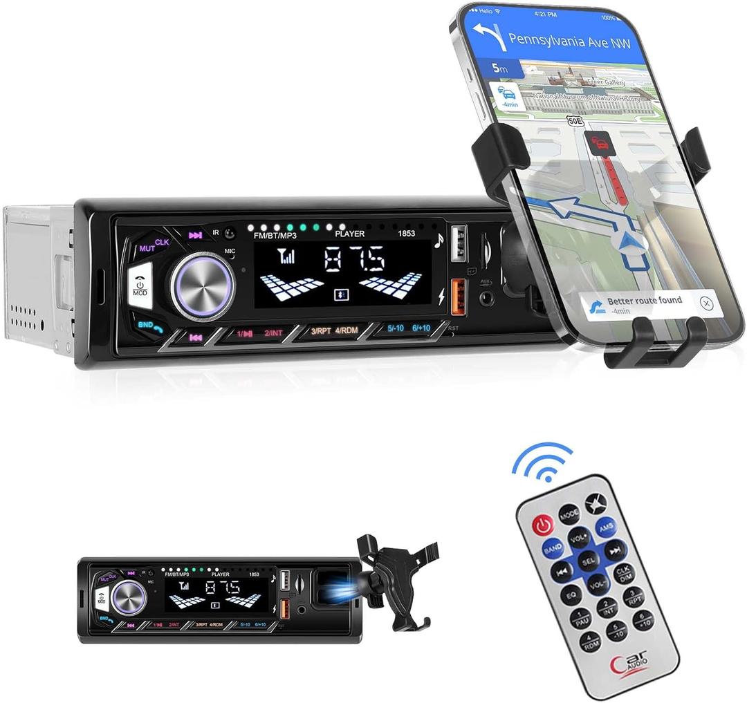 SIXWIN Single Din Car Stereo with Mobile Phone Holder Bluetooth 5.0 Hands Free Calling FM Radio Car Mp3 Player USB AUX Port Remote Control 7 Color Light Car Audio System Car Stereo Receiver (P1)