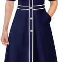 VFSHOW Womens Elegant Buttons Pockets Work Business Office Fit and Flare Midi Mid-Calf A-Line Dress (Blue)
