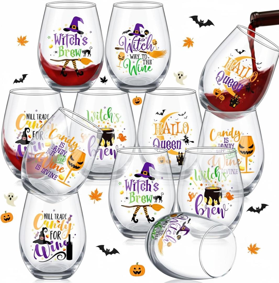 Maxcheck 12 Pcs Halloween Stemless Glasses 15oz Witches Glasses Hallo Queen Drinking Ice Coffee Beer Beverages Clear Tumbler Cup Halloween Gifts for Women Men Party Event Decorations