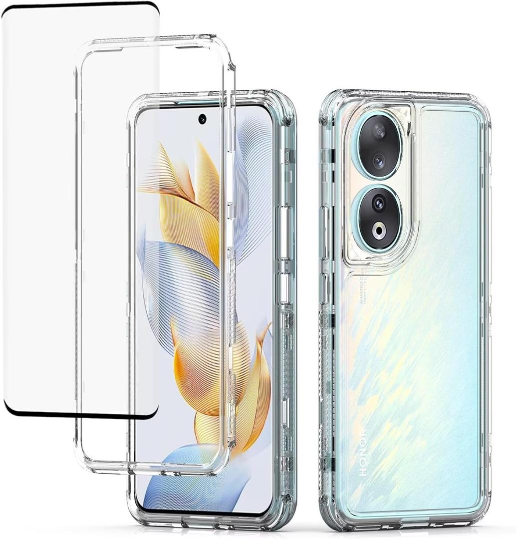 for Honor 90 5G, REA-AN00 Case with Tempered Glass Screen Protector, Crystal Clear Full Body 3 Layer Heavy Duty Protective Phone Cover for Honor 90 5G Clear