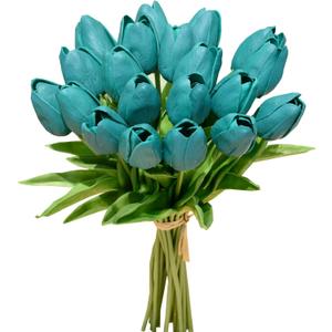 Mandy's Artificial Tulips 20 Stems Teal PU Faux Flowers for Valentine's Day and Easter Decorations Wedding Home Decor 13.5 Inch