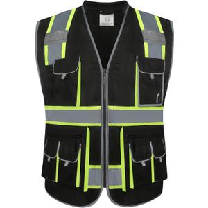 JKSafety 10 Pockets Hi-Vis Zipper Front Black Safety Vest | Cushioned Collar | High Reflective Tapes with Extended Neon Yellow Strips | Meets ANSI/ISEA Standards (XX-Large, Black)