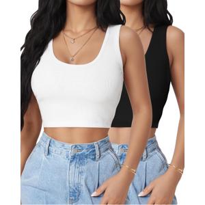 2Piece Crop Tops for Women, U Neck Sleeveless Tank Tops, Basic Cropped Racerback Going Out Tops Athletic Sports Shirts (Small, Black+white)
