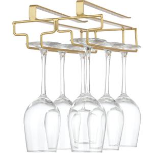 Wine Glass Rack Under Cabinet, Drilling Free No Screw Steamware Holder Under Shelf Metal Wine Glasses Holders 304 Stainless Steel Hanger Storage Organizer Hanging Glass Fit for Bar Kitchen 2 Rows Gold