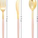 I00000 144Pcs Pink Plastic Silverware, Gold Disposable Flatware with Pink Handle, Gold Plastic Cutlery Set Includes: 48 Forks, 48 Knives and 48 Spoons Perfect for Party & Wedding