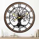 Wall Clock,24" Large Wall Clock for Living Room Decor,Tree of Life and Wooden Frame Design,Non-Ticking Battery Operated,for Dining Room,Bedroom,Kitchen,Office Arabic Decoration