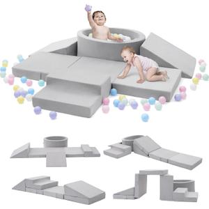 Foam Climbing Blocks with Ball Pit & Stairs for Toddlers Aged 1-3 -Soft Playset for Indoor Crawling, Foam Playground Set for Baby to Active Playing Inside -(Balls NOT Included), Grey