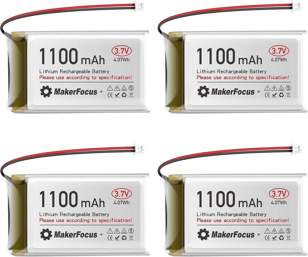 MakerFocus 4pcs 3.7V 1100mAh Lithium Polymer Battery 1S LiPo Rechargeable Battery with Protection Board, Insulated Rubber Tape and JST 1.25 Plug for ESP32 Development Board, Mesh Node T114